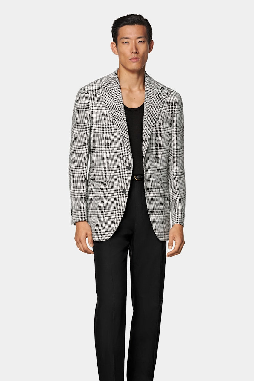 Suitsupply C2115 black checked relaxed fit Roma blazer in Ferla linen silk wool cotton