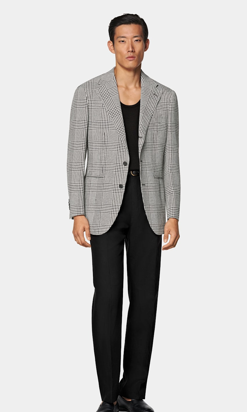 Suitsupply C2115 black checked relaxed fit Roma blazer in Ferla linen silk wool cotton