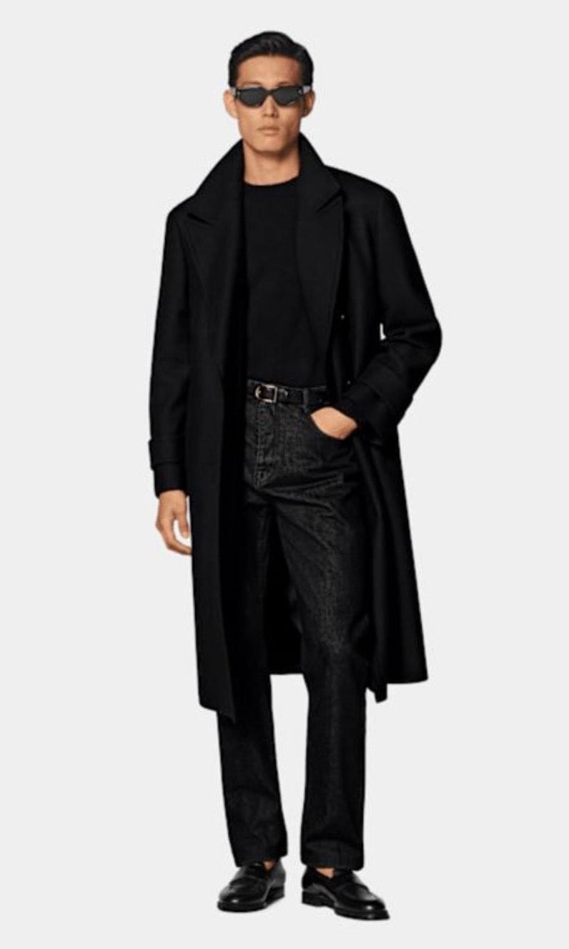 Suitsupply J1010 Black Wool Cashmere Double-Breasted Peak Lapel Overcoat