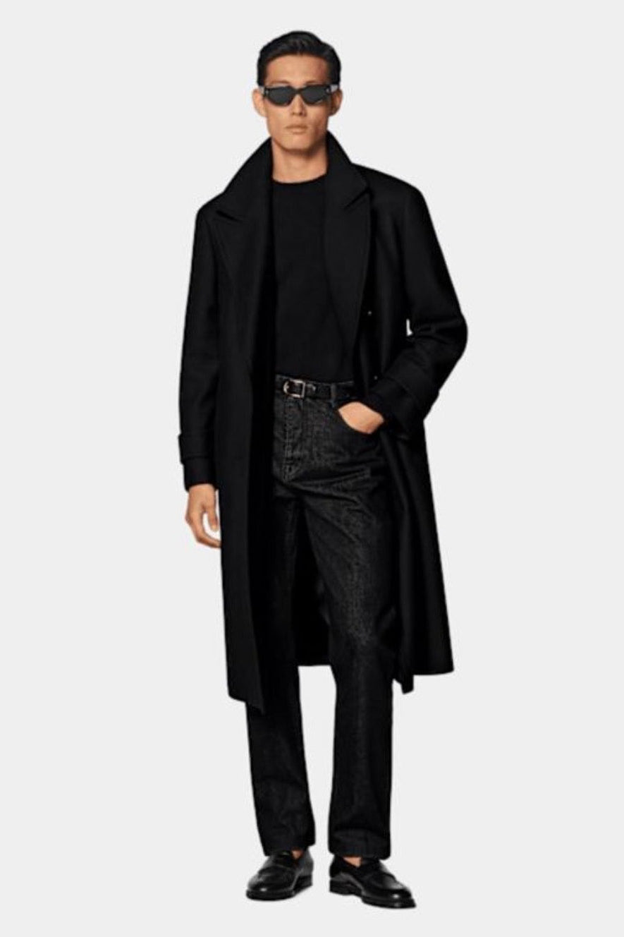 Suitsupply J1010 Black Wool Cashmere Double-Breasted Peak Lapel Overcoat