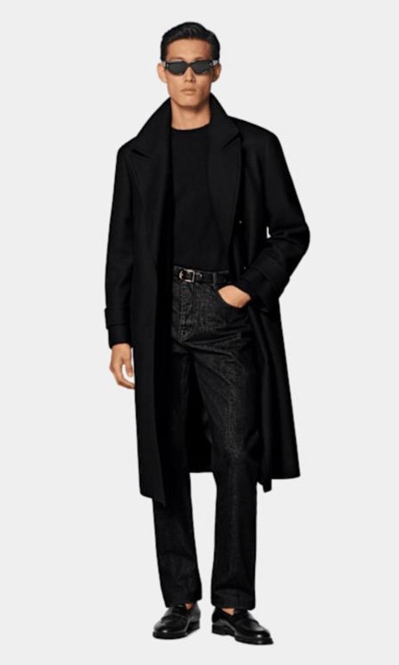 Suitsupply J1010 Black Wool Cashmere Double-Breasted Peak Lapel Overcoat