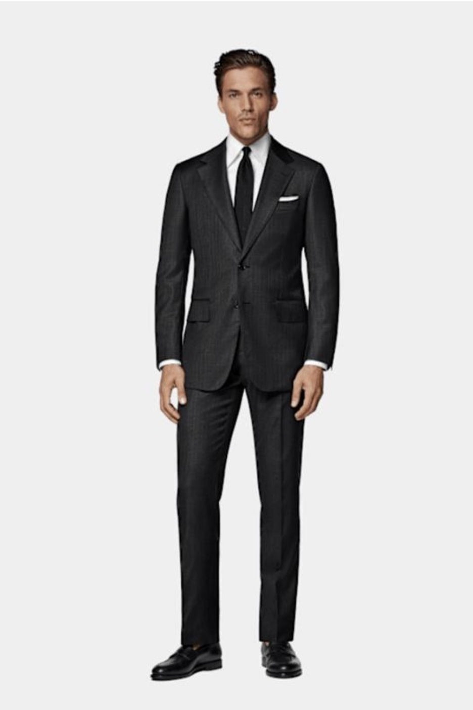 Suitsupply P7030 dark grey striped Tailored Fit Milano suit in Super 130s wool by Carlo Barbera