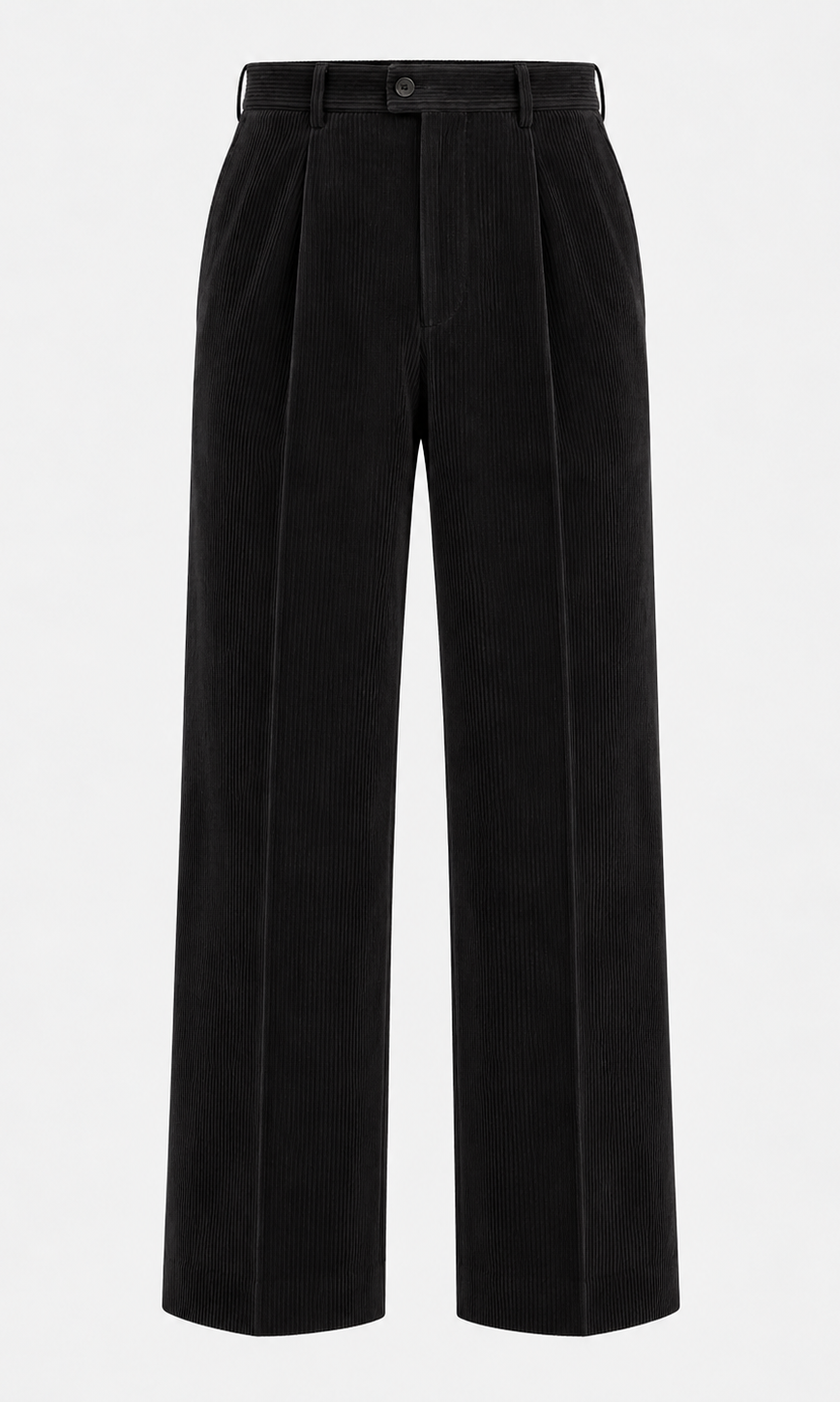 Suitsupply P7117 black corduroy Duca high-rise wide-leg trousers ghost mannequin front view