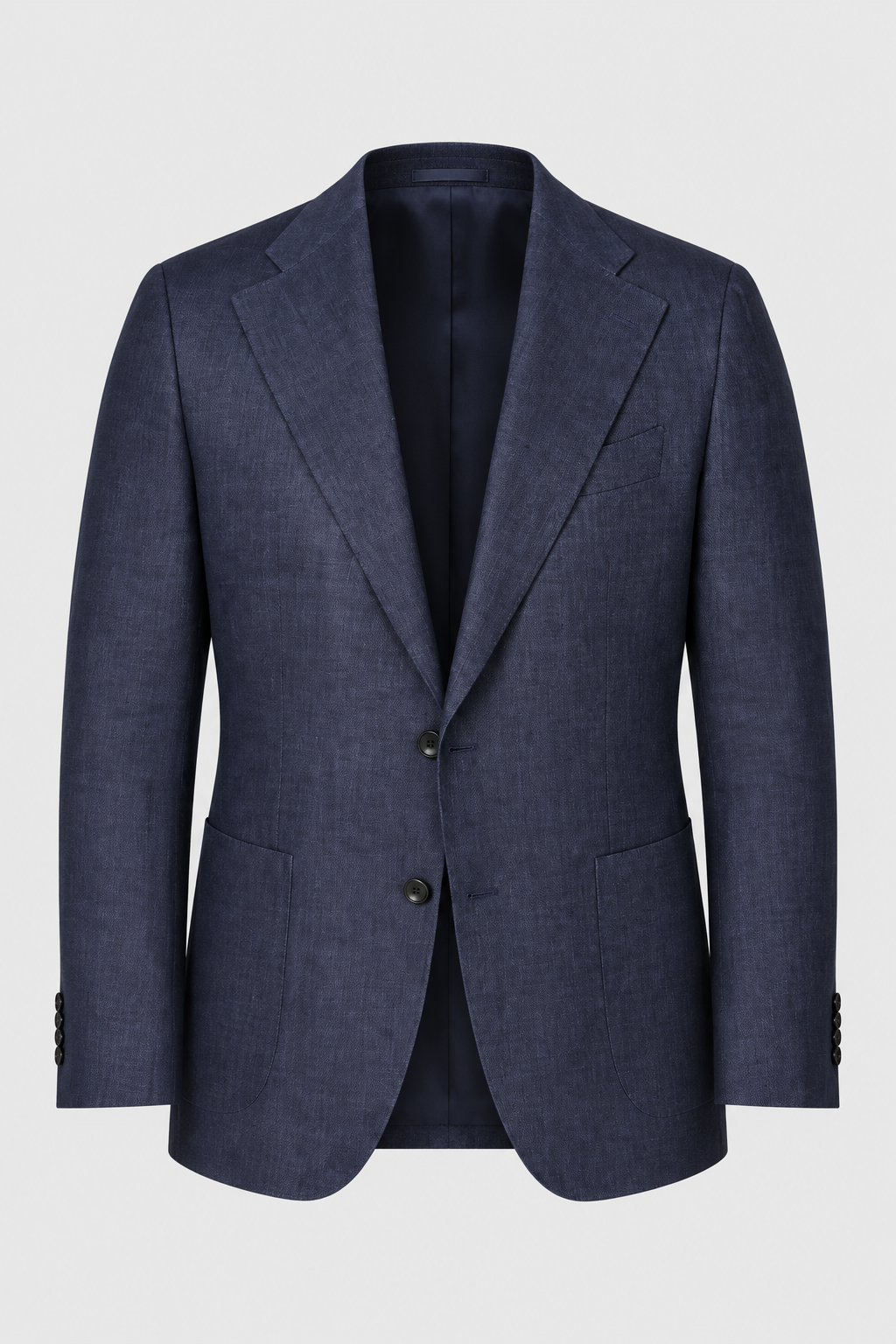 SUITREVIEW Elmhurst Indigo Blue Pure Linen Blazer ghost mannequin front view