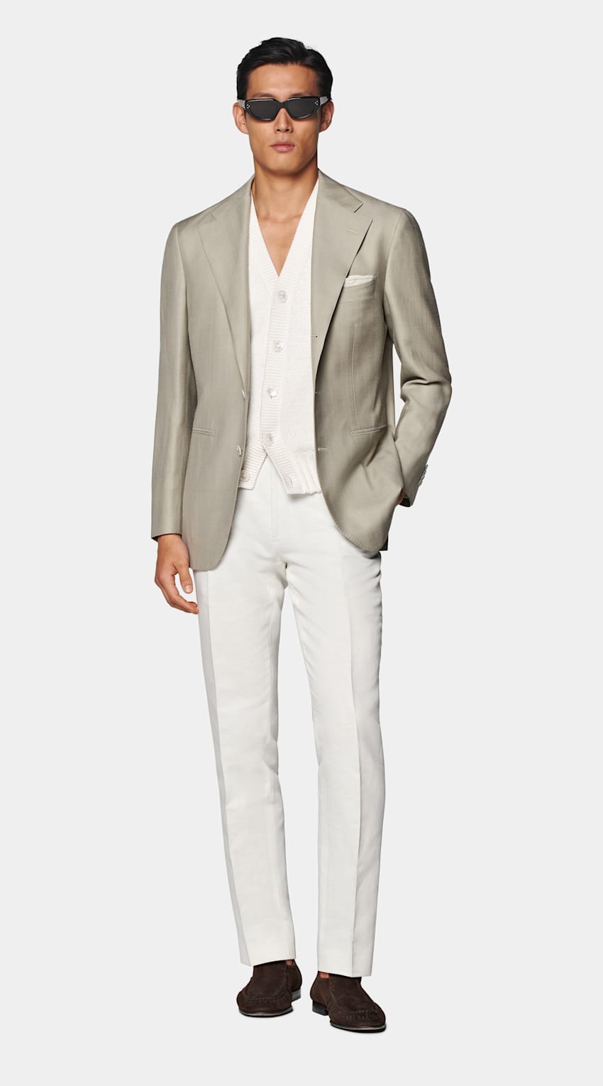 Suitsupply C2113 light green herringbone relaxed fit Roma blazer in Rogna wool silk linen