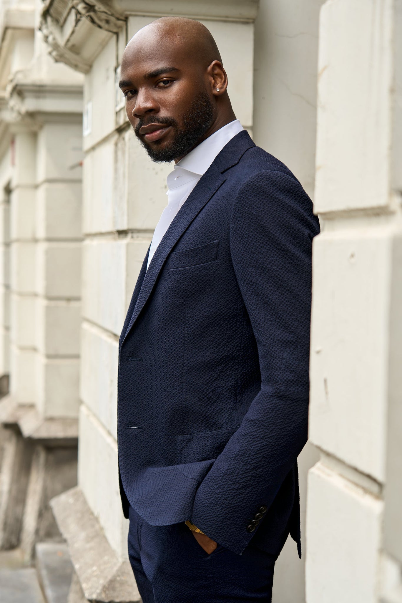 New SUITREVIEW Elmhurst Navy Blue Pure Cotton Stretch Seersucker Suit