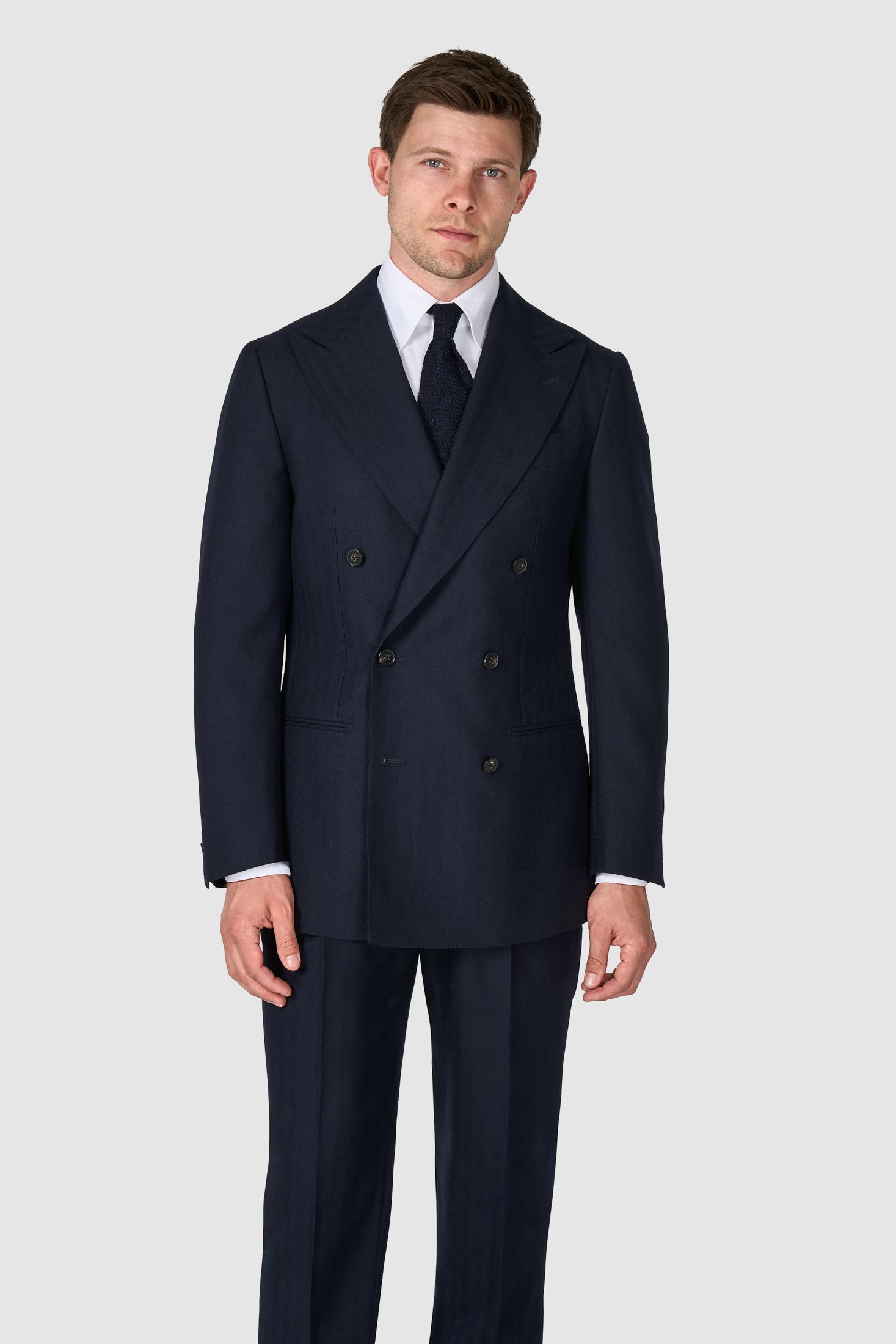 SUITREVIEW Elmhurst Navy Herringbone Pure Wool Double Breasted Suit