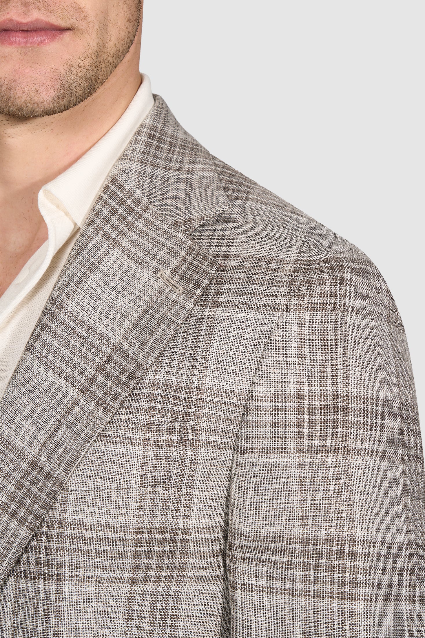 New SUITREVIEW Elmhurst Taupe Check Wool, Silk, Linen Loro