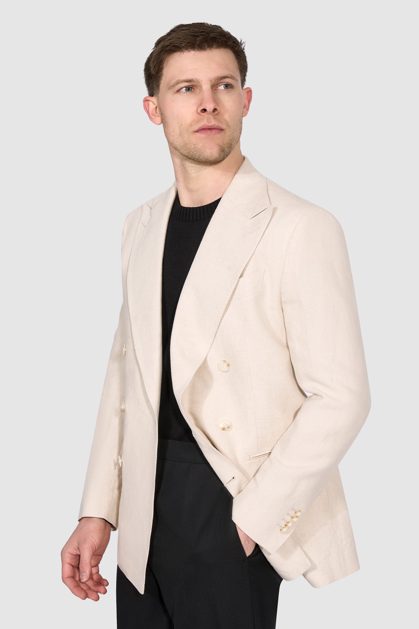 New SUITREVIEW Elmhurst Sand Pure Linen DB Suit - Size 40R