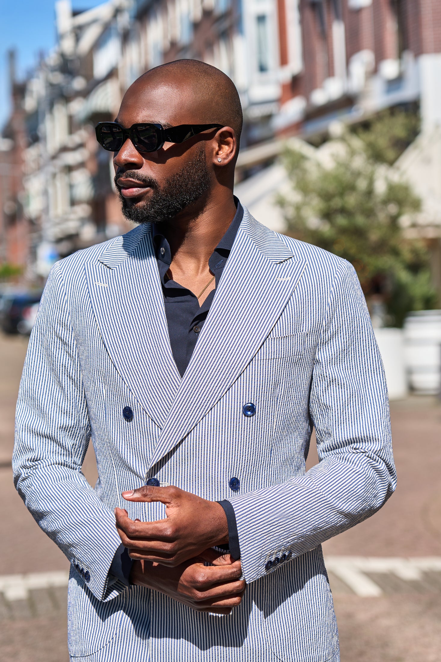 New SUITREVIEW Elmhurst Blue Stripe Seersucker Stretch